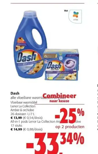 Colruyt Dash alle vloeibare wasmiddelen of pods vloeibaar wasmiddel lenor la collection amber & orchidee 26 dosissen 1,17 l aanbieding