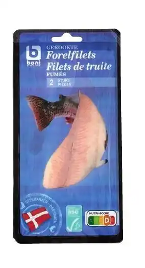 Colruyt Boni Selection gerookte forelfilets 2 stuks 125g Gekweekte vis.Herkomst:Denemarken. aanbieding