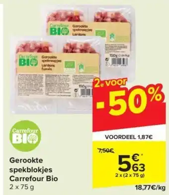 Carrefour Market Gerookte spekblokjes Carrefour Bio 2 x (2 x 75 g) aanbieding