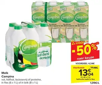 Carrefour Market Melk Campina 2 x (6 x 1 L) halfvolle melk in fles aanbieding