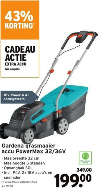 GAMMA Gardena grasmaaier accu PowerMax 32/36V aanbieding