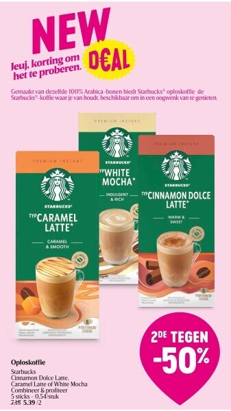 Delhaize Starbucks Oploskoffie Cinnamon Dolce Latte, Caramel Latte of White Mocha aanbieding