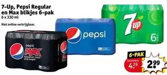 Kruidvat 7-up, pepsi regular en max blikjes 6-pak aanbieding