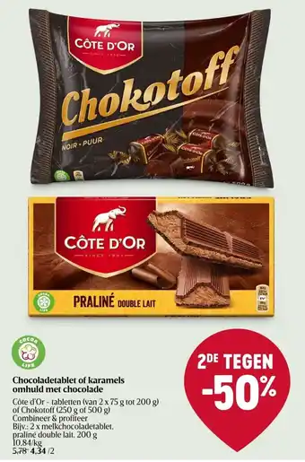 Delhaize Cote d'Or Chocoladetablet of karamels omhuld met chocolade aanbieding