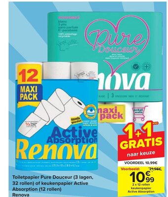 Carrefour Toiletpapier pure douceur (3 lagen, 32 rollen) of keukenpapier active absorption (12 rollen) aanbieding