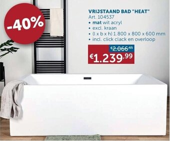 VRIJSTAAND BAD "HEAT" • mat wit acryl • (l x b x h) 1.800 x 800 x 600 mm