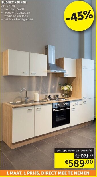 BUDGET KEUKEN Art. 72765 breedte: 2m70 front wit, corpus en werkblad eik-look • werkblad inbegrepen