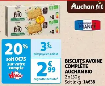Auchan BISCUITS AVOINE COMPLÈTE AUCHAN BIO 2 x 130g aanbieding