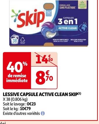 Auchan LESSIVE CAPSULE ACTIVE CLEAN SKIP aanbieding
