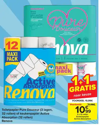 Carrefour Renova Toiletpapier Pure Douceur (3 lagen, 32 rollen) of keukenpapier Active Absorption (12 rollen) aanbieding