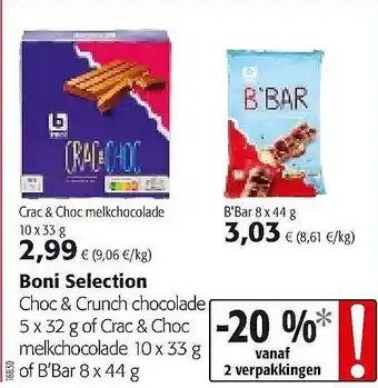 Colruyt Boni Selection Crac & Choc Melkchocolade Of B'bar aanbieding