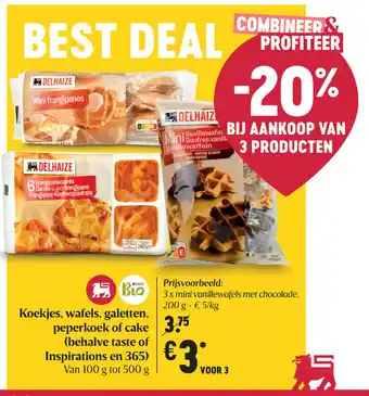 Delhaize Koekjes, wafels, galetten, peperkoek of cake (behalve taste of Inspirations en 365) aanbieding