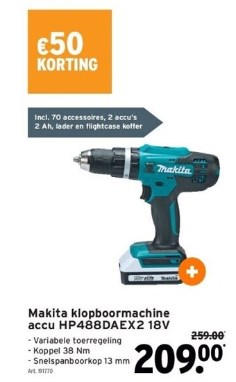 GAMMA Makita klopboormachine accu hp488daex2 18v aanbieding