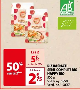 Auchan RIZ BASMATI SEMI-COMPLET BIO HAPPY BIO 500g aanbieding