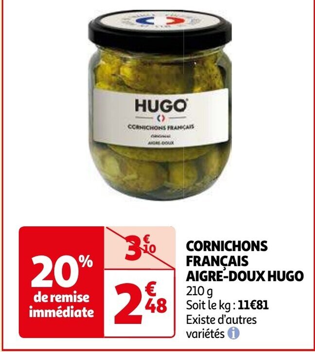 CORNICHONS FRANÇAIS AIGREDOUX HUGO 210g promotie bij Auchan