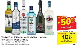 Carrefour Wodka eristo , martini, whisky william lawson’s, rum bacardi en gin bombay aanbieding