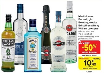 Carrefour Martini, rum bacardi, gin bombay, wodka eristoff en whisky william lawson’s aanbieding