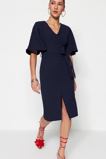 Bol.com Trendyol fluit mouw v-hals bodycon jurk aanbieding