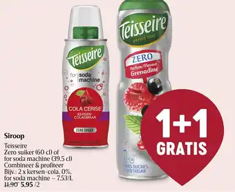 Delhaize Siroop Teisseire Zero suiker (60 cl) of for soda machine (39,5 cl) Bijv.: 2 x kersen-cola, 0%, for soda machine aanbieding