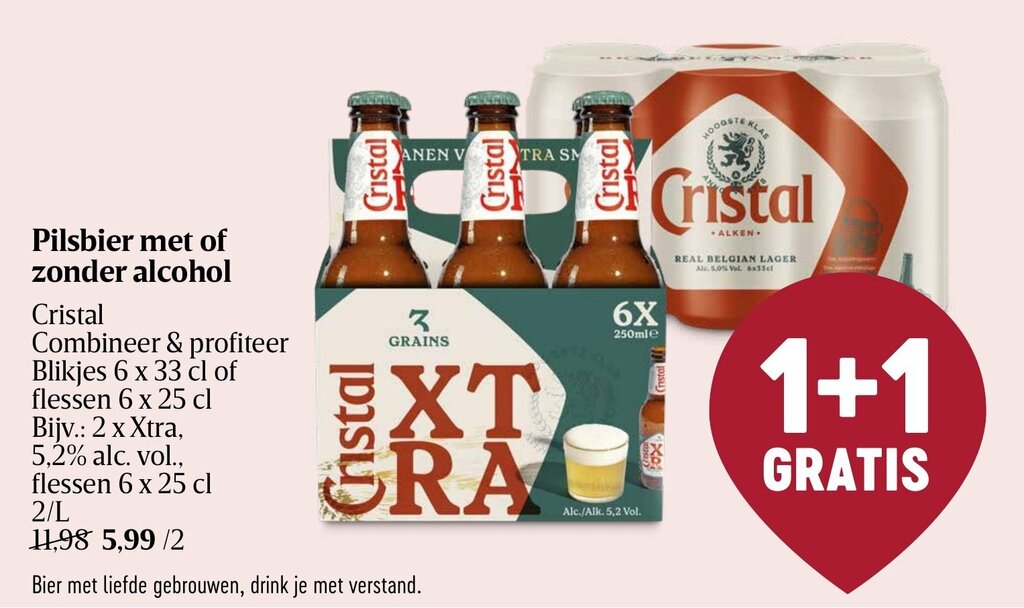 Cristal Pilsbier met of zonder alcohol promotie bij Delhaize 1+1 GRATIS