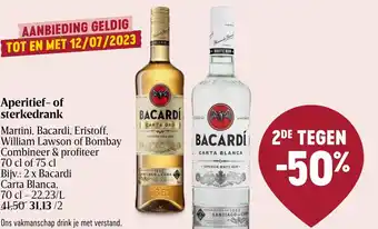 Delhaize Aperitief- of sterkedrank Martini, Bacardi, Eristoff, William Lawson of Bombay Combineer & profiteer 70 cl of 75 cl aanbieding