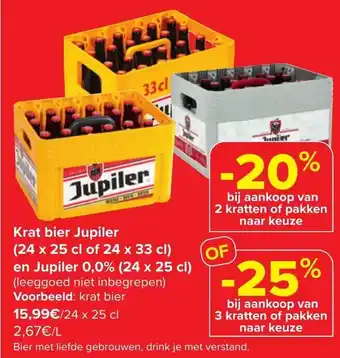 Carrefour Market Krat bier Jupiler (24 x 25 cl of 24 x 33 cl) en Jupiler 0,0% (24 x 25 cl) aanbieding