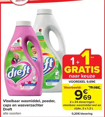 Carrefour Market Vloeibaar wasmiddel, poeder, caps en wasverzachter Dreft 2 x 24 doseringen vloeibaar wasmiddel wol en zijde, 2 x 1,2 L aanbieding