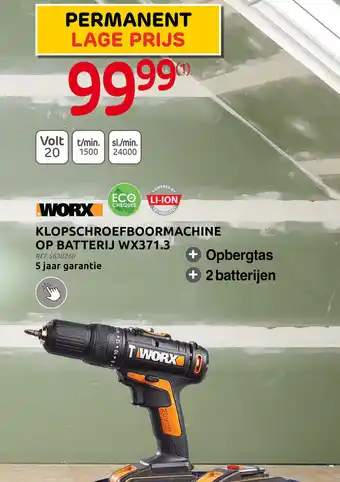 Brico WORX KLOPSCHROEFBOORMACHINE OP BATTERIJ WX371.3 aanbieding