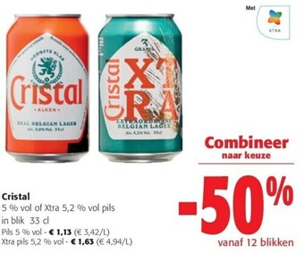 Colruyt Cristal 5 % vol of xtra 5,2 % vol pils in blik 33 cl aanbieding
