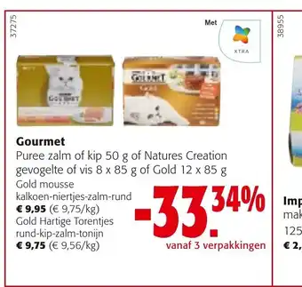 Gourmet Puree zalm of kip 50 g of Natures Creation gevogelte of vis 8 x 85 g of Gold 12 x 85 g