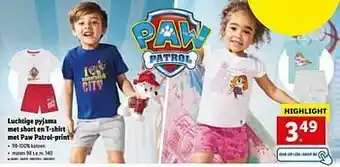 Lidl Luchtige pyjama met short en t-shirt met paw patrol-print aanbieding
