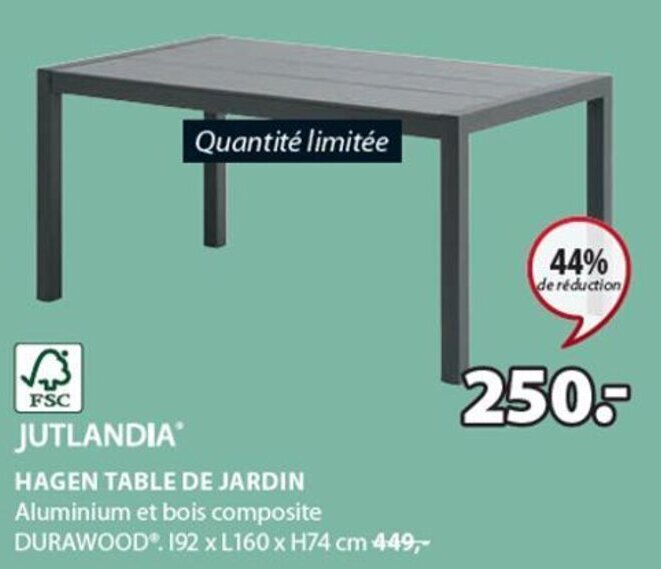 HAGEN TABLE DE JARDIN Aluminium et bois composite DURAWOOD*. 192 x L160