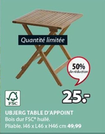 UBJERG TABLE D'APPOINT Bois dur FSC® huilé. Pliable. 146 x L46 x H46 cm