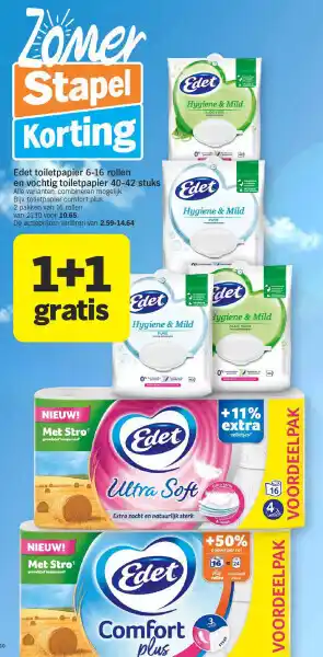 Albert Heijn Edet toiletpapier 6-16 rollen en vochtig toiletpapier 40-42 stuks aanbieding