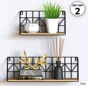 Gadgy wandrekken set 2 st - wandrek zwart met hout - wanddecoratie industrieel - muurdecoratie metaal - wandplank zwevend – b