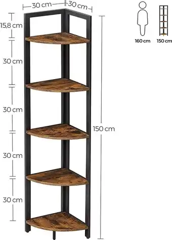 Hoekrek met 5 planken, boekenkast, opbergplank, multifunctioneel, voor woonkamer, slaapkamer, kantoor, 30 x 30 x 150 cm, indu