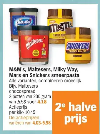 Albert Heijn M&M's, Maltesers, Milky Way, Mars en Snickers smeerpasta aanbieding