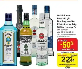 Carrefour Martini, rum bacardi, gin bombay, wodka eristoff en whisky william lawson’s aanbieding