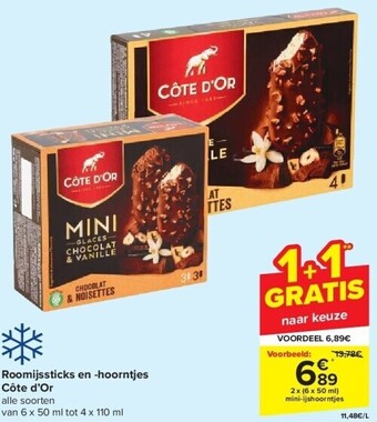Carrefour Roomijssticks en -hoorntjes côte d’or 2x(6x50 ml) aanbieding