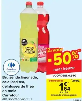 Carrefour Bruisende limonade, cola,iced tea, geïnfuseerde thee en tonic 2x1,5 L aanbieding