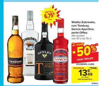 Carrefour Wodka zubrowka, rum tanduay, gancia aperitivo, porto o ey aanbieding