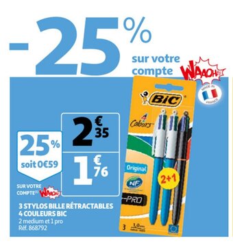 Auchan 3 Stylos Bille Rétractables 4 Couleurs Bic aanbieding