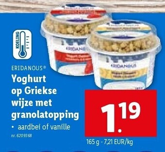 Lidl ERIDANOUS Yoghurt op griekse wijze met granolatopping aanbieding