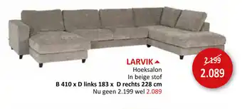 LARVIK Hoeksalon In beige stof B 410 x D links 183 x D rechts 228 cm
