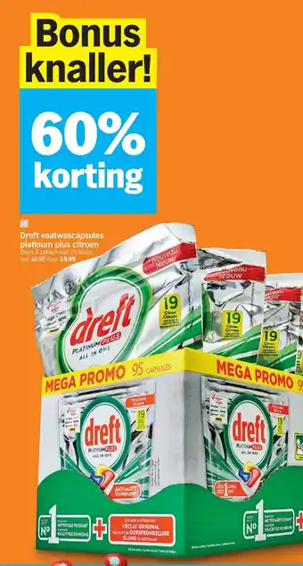 Albert Heijn Dreft vaatwascapsules platinum plus citroen aanbieding