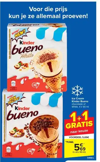 Carrefour Ice Cream Kinder Bueno chocolade of White, 4 x 90 ml aanbieding