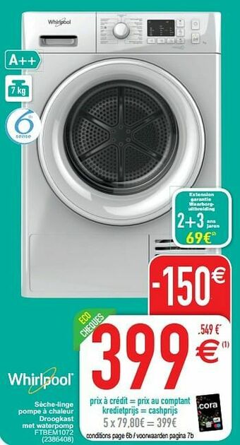 Cora Whirlpool sèche-linge pompe à chaleur droogkast met waterpomp ftbem1072 aanbieding