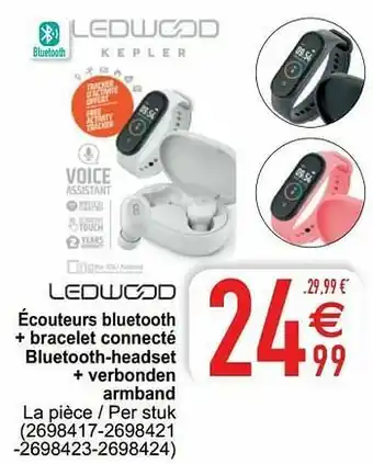 Ledwood écouteurs bluetooth + bracelet connecté bluetooth-headset + verbonden armband