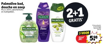 Kruidvat Palmolive bad, douche en zeep, Prijsvoorbeeld: 3 x douchegel Naturals Olijf 250 ml aanbieding