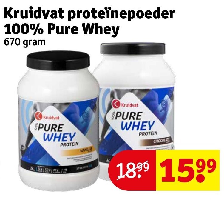 Kruidvat proteïnepoeder 100 Pure Whey 670 gram promotie bij Kruidvat